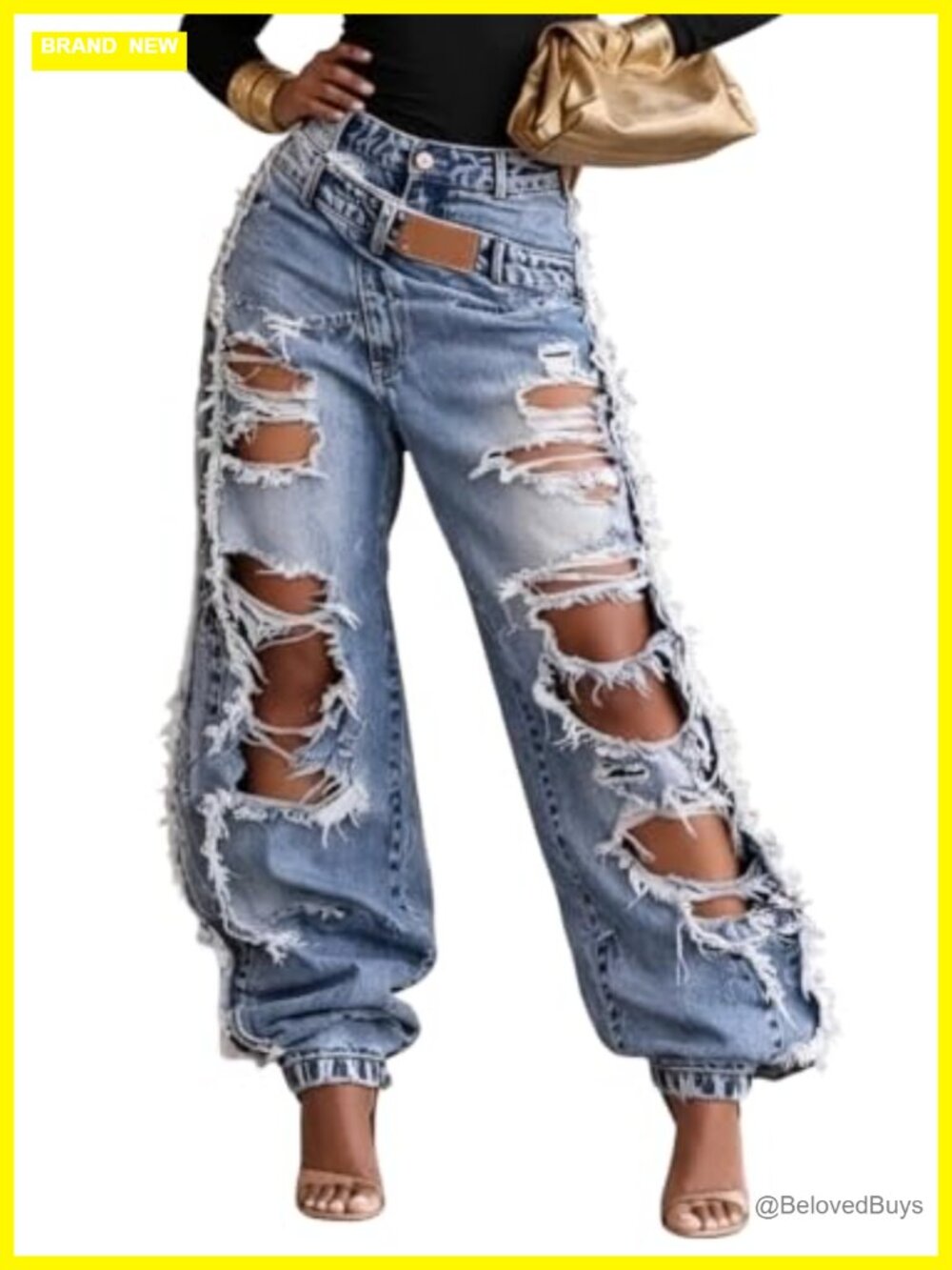 Womens Ripped Barrel Baggy High Waisted Denim Jeans Distressed